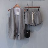 灰色条纹西服马甲套装女夏装时尚潮2016韩版气质两件套短裤子秋