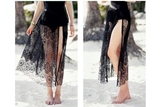 新款女沙滩裙薄款度假透明蕾丝半身裙 绑带性感镂空网纱长裙