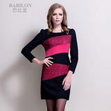 巴比龙2014秋装新款 羊毛蕾丝镂空撞色拼接 修身长袖气质连衣裙女
