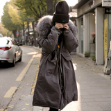 2015冬新款韩版长款过膝加厚大毛领连帽棉衣女大码宽松军工装棉服