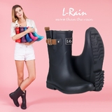 L-Rain春夏新品主打英伦皮袢质感简约橡胶中筒雨鞋/雨靴 7色包邮