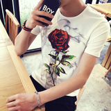 夏季韩版男士短袖T恤圆领纯棉半袖体恤修身潮流玫瑰花上衣服男装