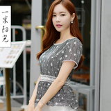 蕾丝雪纺衫女短袖 2016夏季新款韩版女装小衫 收腰修身荷叶边上衣