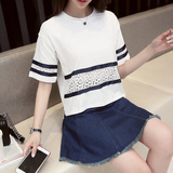韩版学院风宽松白色镂空半袖拼接短款T恤蕾丝打底衫学生上衣女夏