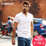 Simwood2016夏季新款休闲男士修身亚麻短袖衬衫男潮纯白色衬衫男
