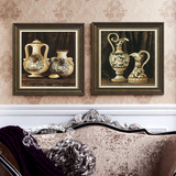 卡农 美式客厅装饰画 沙发背景墙有框画欧式复古花瓶两联壁画挂画