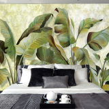 东南亚热带芭蕉叶墙纸 清新绿叶卧室床头背景墙壁纸 3d大型壁画