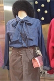 2016韩版秋季新款立领蝴蝶结牛仔衬衫长袖修身显瘦衬衣女装上衣潮