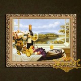 欧式餐厅油画手绘装饰画 单幅有框画壁画挂画 静物酒瓶香槟 水果