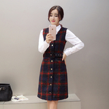 2015冬新款韩版气质修身显瘦格子V领背带毛呢连衣裙无袖铅笔裙女