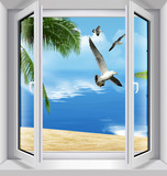 新款墙贴 假窗装饰贴 假窗贴 3D立体墙贴 蓝天白云 海鸥 沙滩