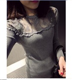秋装新品韩版女装小衫修身显瘦蕾丝拼接针织衫打底甜美百搭上衣