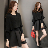 秋装女装针织时尚套装裙气质短裙两件套裙子长袖黑色韩版秋季潮