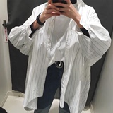 2016夏装新款简约条纹宽松BF慵懒衬衫女学生长袖韩版中长款衬衣潮