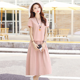 16夏季新款韩版V领纯色短袖棉麻套装女高腰连衣裙半身长裙两件套