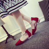 2016韩版珍珠女鞋尖头绒面平跟鞋平底单鞋性感红色夏季新款凉鞋潮