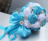新品欧美新娘手捧花结婚花束蓝白色缎带花水钻饰品影楼道具高品质