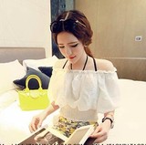 2016夏季韩国修身显瘦露肩甜美女装雪纺衫一字领高腰短款短袖上衣