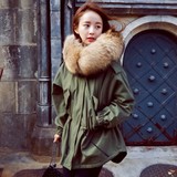 2015冬季新款韩版超大毛领中长款加厚直筒纯色工装棉服军大衣女装