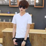 夏季男士短袖T恤新款韩版潮纯色V领修身T恤青少年半袖白色打底衫