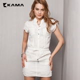 卡玛KAMA 夏季新款女装 立领纯色修身显瘦亚麻连衣裙 7215154