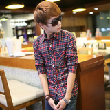 男士长袖衬衫青少年 法兰绒衬衣男红黑格子休闲修身学生韩版外套