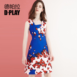 D－PLAY2016夏新品欧美蓝色定位蝴蝶印花连衣裙修身显瘦A裙礼服