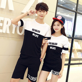 2016夏季新款韩国情侣装夏装套装拼色字母短袖T恤男女学生班服潮