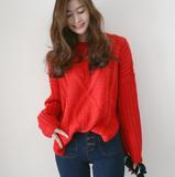 现货韩国代购进口正品女装2015冬季新款圆领红色凌格开叉毛衣