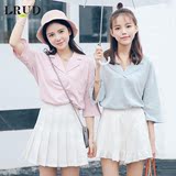 LRUD2016夏季新款韩版翻领字母绣花短袖衬衫女学院风宽松纯色衬衣