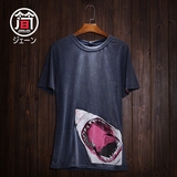 日系原创复古夏季短袖T恤男水洗做旧鲨鱼日本文艺范体恤青年潮牌