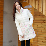 韩国风潮牌余单 冬淑女蕾丝花朵拼接米白色立领修身中长款羽绒服