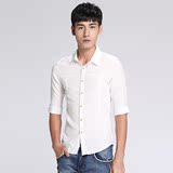 夏季男款青年免烫韩版修身时尚潮流纯棉大码白衬衣休闲五分袖衬衫