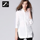 ZK2016春装新款女装BF风修身白衬衫单排扣中长款镶钻七分袖白衬衣