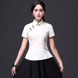 中国风女装民族唐装上衣短袖夏季中式改良棉麻旗袍上衣汉服茶人服
