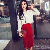 2016春季新款韩版女装长袖雪纺流苏连衣裙两件套针织包臀裙套装裙