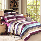 埃及贡缎长绒棉床笠四件套 欧式紫红色床品花朵条纹被套床单纯棉