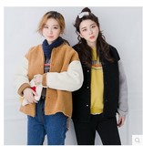 2015冬装新款韩版欧美时尚皮绒拼接羊羔毛立领拼色保暖短外套 女