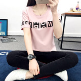 夏季新款圆领白色字母短袖T恤女韩版学生宽松大码韩版打底衫潮