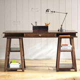 古写字桌美式实木办公桌 原木电脑桌工作台 带书架抽屉三斗书桌复