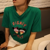 鬼鬼家 韩国代购 卡通米奇头冰淇淋图案休闲复古绿短袖套头T恤