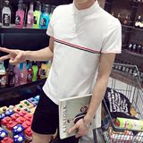 2016新款夏季韩版修身男士立领短袖t恤男装学生条纹polo衫潮体恤