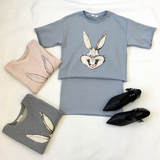 SuperHugs 韩国萌萌的兔子印刷全棉毛圈针织短袖 半身裙套装