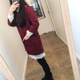 2015年韩国欧美秋冬新款酒红色两件套连衣裙打底衫呢料蕾丝裙女