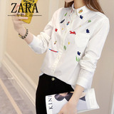 ZARA女装 2016春秋新款正品代购韩版白色衬衫女 长袖刺绣打底衬衣