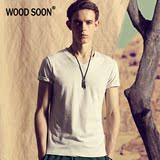 WOODSOON春夏新款 纯色打底衫 修身V领短袖T恤 男 潮半袖中袖衫
