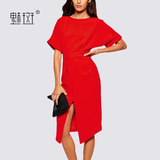 魅斑2016夏装新款欧美开叉性感蝙蝠袖A字裙包臀修身红色连衣裙潮