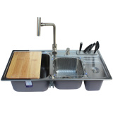 普乐美水槽 BM602 厨房洗菜盆 304不锈钢水槽 三槽 带垃圾桶刀具