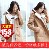 韩国代购2014新款羊羔毛外套女学院风中长款双排扣麂皮绒棉衣女厚