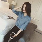 2016春季新款韩版女装甜美小清新修身衬衫显瘦休闲长袖牛仔衬衣女